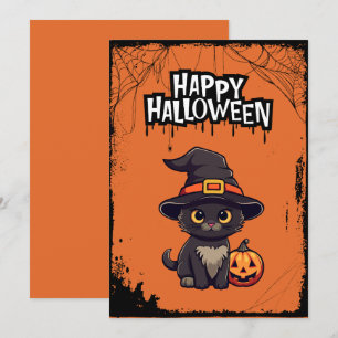 Tarjeta Festiva Gato Negro Con Jack O' Lantern De Calabaza