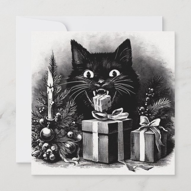 Tarjeta Festiva Gato negro con regalos de Navidades (Anverso)