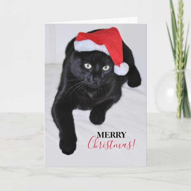 Tarjeta Festiva Gato negro con sombrero rojo (Anverso)