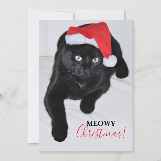 Tarjeta Festiva Gato negro con sombrero rojo (Anverso)