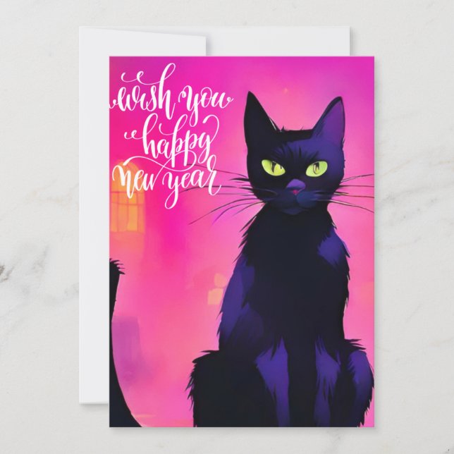 Tarjeta Festiva Gato negro de Año Nuevo (Anverso)