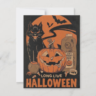 Tarjeta Festiva Gato negro de calabaza de Halloween