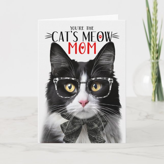 Tarjeta Festiva Gato negro de esmoquin blanco para mamá en el día  (Anverso)