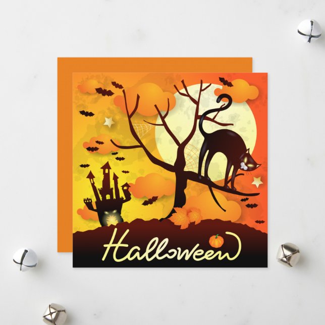 Tarjeta Festiva Gato negro de Halloween (Anverso/Reverso In Situ)