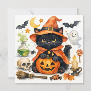 Tarjeta Festiva Gato negro de Halloween con acuarela disfrazado
