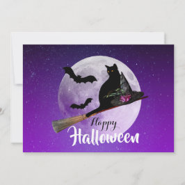 Tarjeta Festiva Gato negro de Halloween en la habitación Luna llen