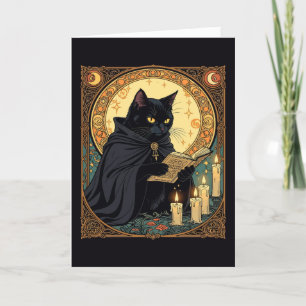 Tarjeta Festiva Gato negro de Halloween leyendo un libro