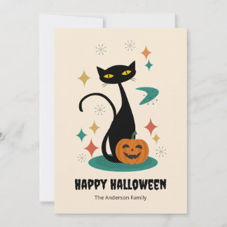 Tarjeta Festiva Gato negro de Halloween Mid Century