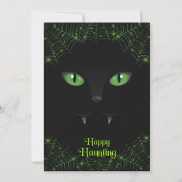 Tarjeta Festiva Gato negro de Halloween telarañas verdes