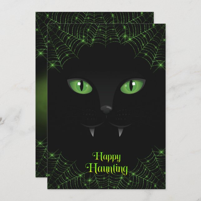 Tarjeta Festiva Gato negro de Halloween telarañas verdes (Anverso / Reverso)