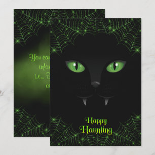 Tarjeta Festiva Gato Negro de Halloween Telarañas Verdes