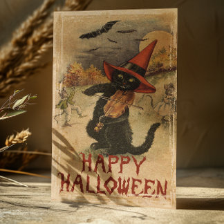 Tarjeta Festiva Gato negro de Halloween vintage tocando el violín
