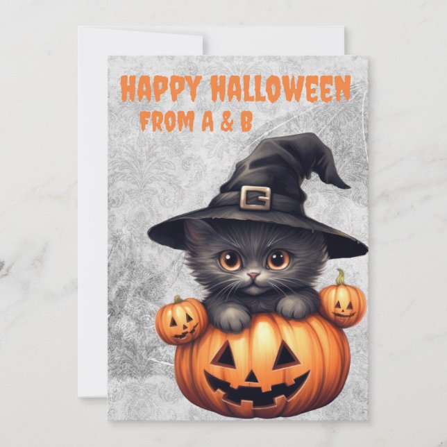 Tarjeta Festiva gato negro de halloween y calabaza espeluznante gó (Anverso)