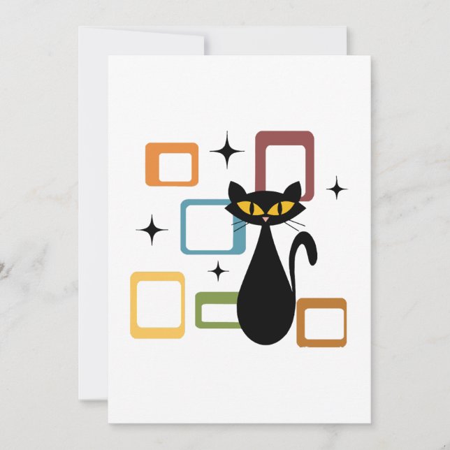 Tarjeta Festiva Gato negro de Mid Century (Anverso)