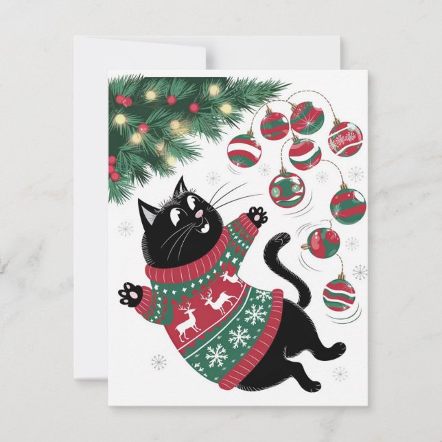 Tarjeta Festiva Gato negro de Navidades divertidos (Anverso)