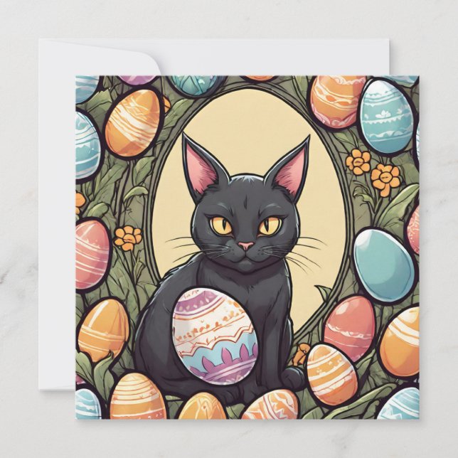 Tarjeta Festiva Gato negro de Pascua y huevos pintados (Anverso)