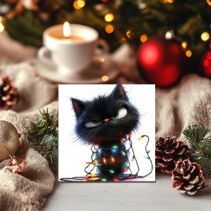 Tarjeta Festiva Gato negro descarado envuelto en luces festivas