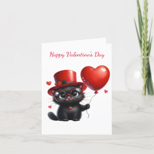 Tarjeta Festiva Gato negro divertido con globos día de San Valentí