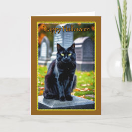Tarjeta Festiva Gato negro en cementerio en Halloween
