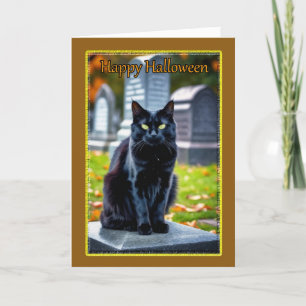 Tarjeta Festiva Gato negro en cementerio en Halloween
