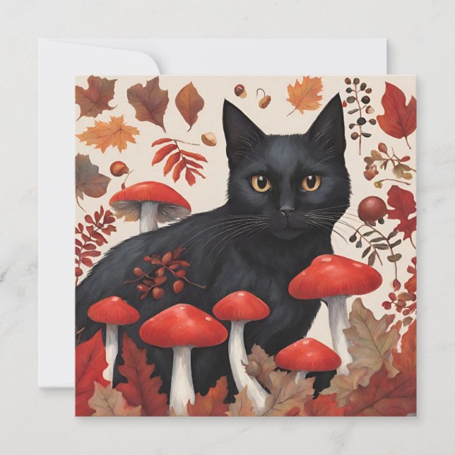 Tarjeta Festiva Gato negro en el bosque de otoño (Anverso)