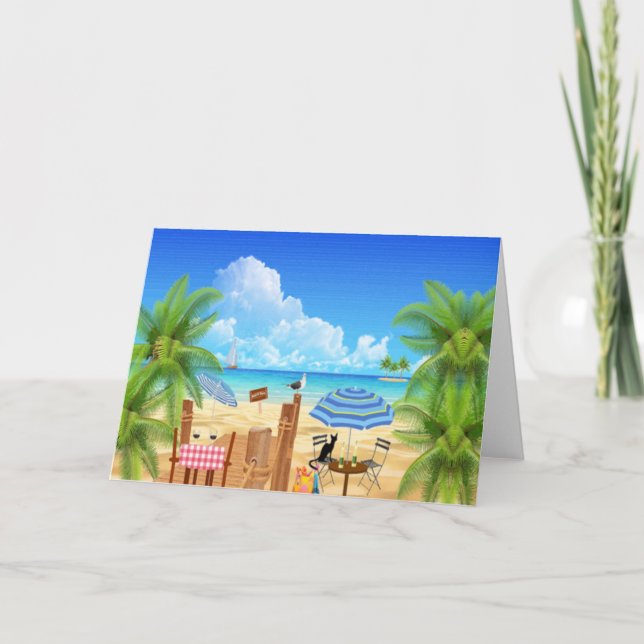 Tarjeta Festiva Gato Negro En La Playa (Anverso)