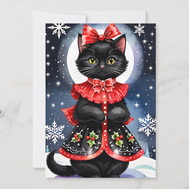 Tarjeta Festiva Gato negro en Navidades conjunto holly (Anverso)