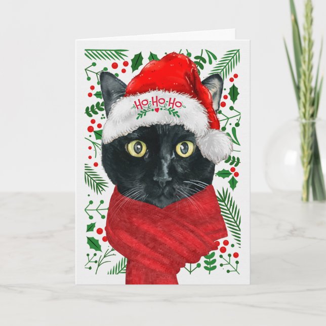 Tarjeta Festiva Gato negro en Navidades de Santa Hat Meowy (Anverso)