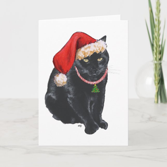 Tarjeta Festiva Gato negro en Santa Hat (Anverso)