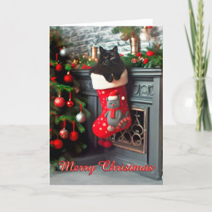 Tarjeta Festiva Gato negro en una carta de Navidades manchados