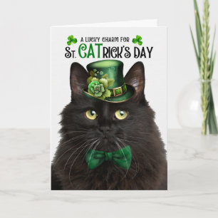 Tarjeta Festiva Gato negro esponjoso Día de San CATrrico Amuleto d
