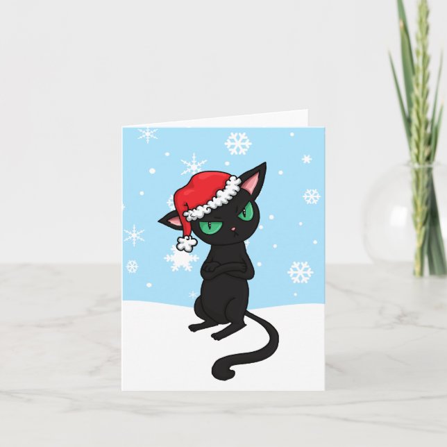 Tarjeta Festiva Gato negro gruñón vestido con sombrero Santa Hat (Anverso)