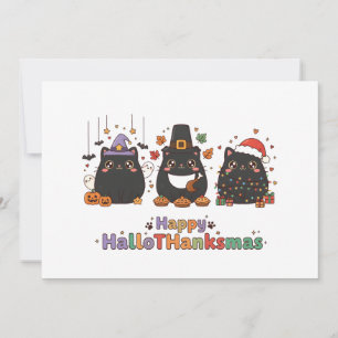 Tarjeta Festiva Gato negro Kawaii Feliz HalloTHanksmas único 