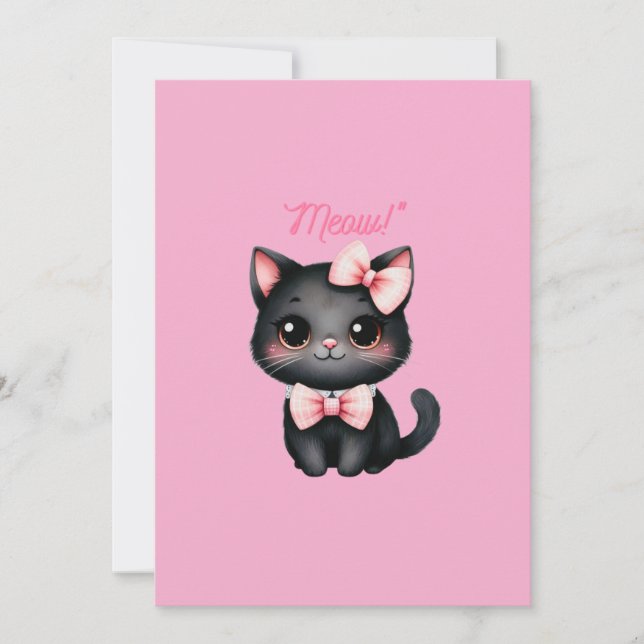 Tarjeta Festiva Gato negro lindo con lazo para decoración de Hallo (Anverso)