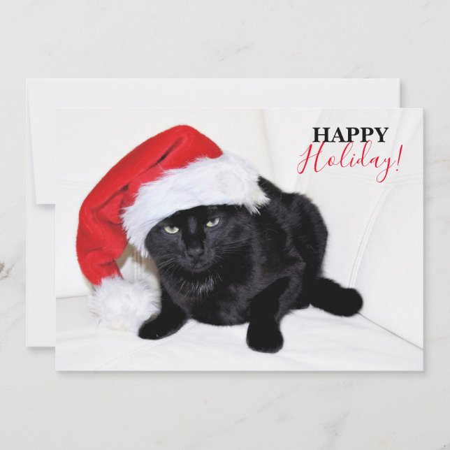 Tarjeta Festiva Gato negro lindo con sombrero Santa (Anverso)