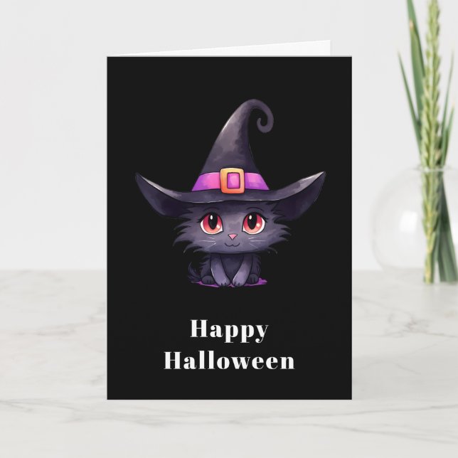 Tarjeta Festiva Gato negro lindo vistiendo Halloween Gorra de una  (Anverso)