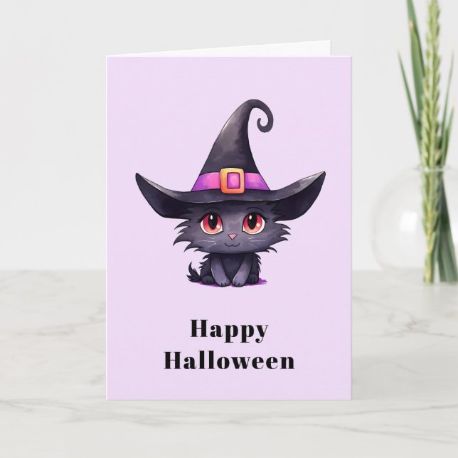 Tarjeta Festiva Gato negro lindo vistiendo Halloween Gorra de una  (Anverso)