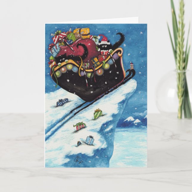 Tarjeta Festiva Gato negro Santa Sleigh de Bihrle (Anverso)