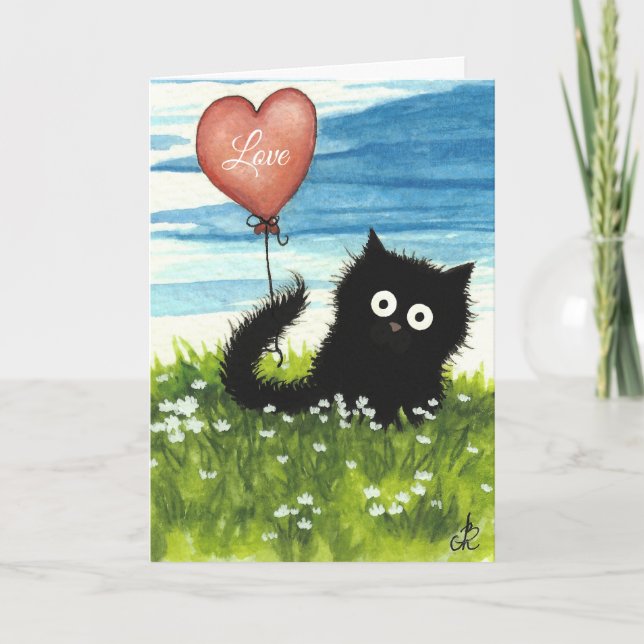 Tarjeta Festiva Gato negro Valentine Love de Bihrle (Anverso)