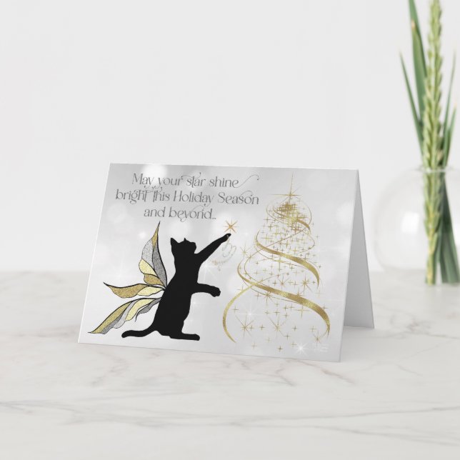 Tarjeta Festiva Gato Negro y Árbol Dorado Decorativo (Anverso)