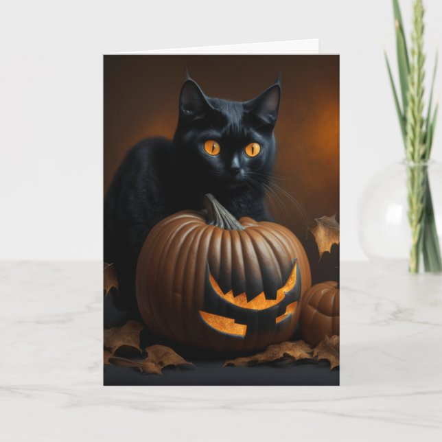 Tarjeta Festiva Gato negro y Jack-O-Lantern (Anverso)