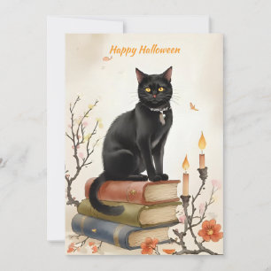 Tarjeta Festiva Gato Negro y Libros de Hechizos Acuarela Halloween