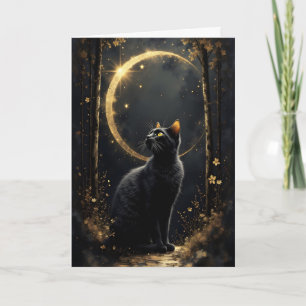 Tarjeta Festiva Gato Negro y Luna Dorada
