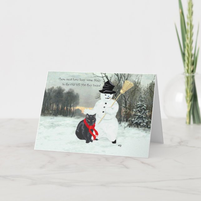 Tarjeta Festiva Gato negro y muñeco de nieve (Anverso)
