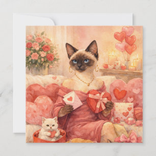 Tarjeta Festiva Gato para el Día de San Valentín con rosa roja