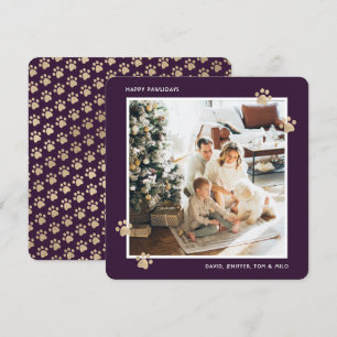 Tarjeta Festiva Gato Perro Foto Feliz Pawlidays Oro Púrpura