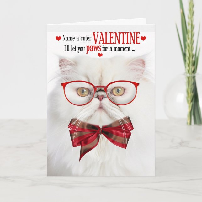 Tarjeta Festiva Gato persa blanco amante del humor felino de San V (Anverso)