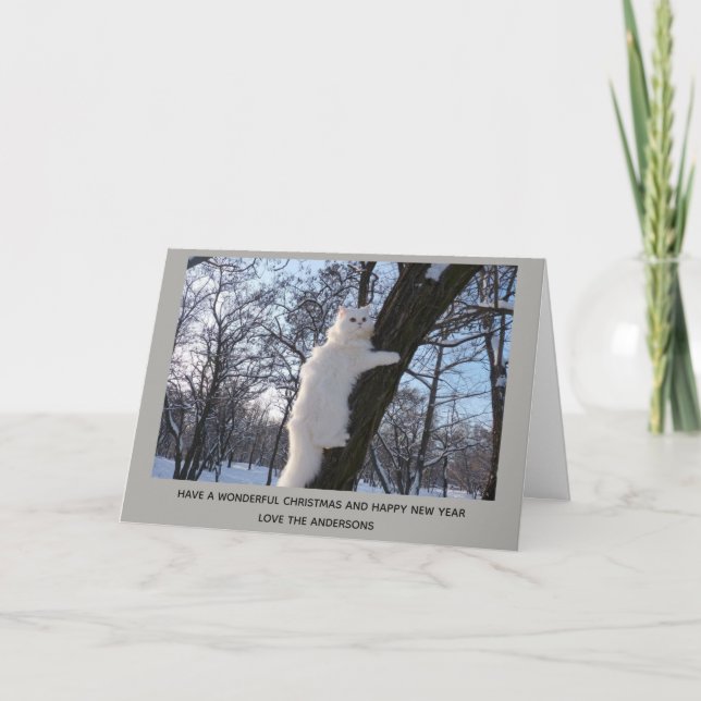 Tarjeta Festiva Gato persa blanco con Navidades de árbol personali (Anverso)