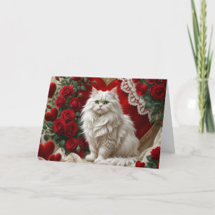 Tarjeta Festiva Gato Persa Blanco Día de San Valentín con Rosas