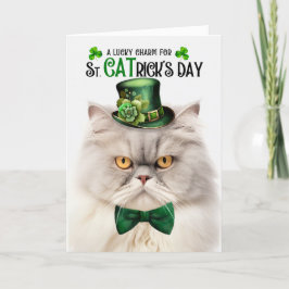 Tarjeta Festiva Gato persa crema plateado St CATrick's Day
